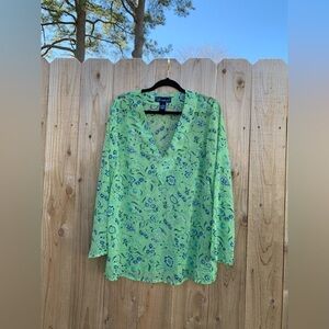 Susan Graver Lime Green Floral V-Neck Long Sleeve Top